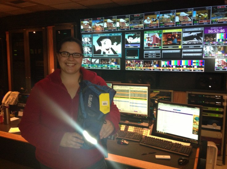 Sydney in the studio showing off her new Camelback.